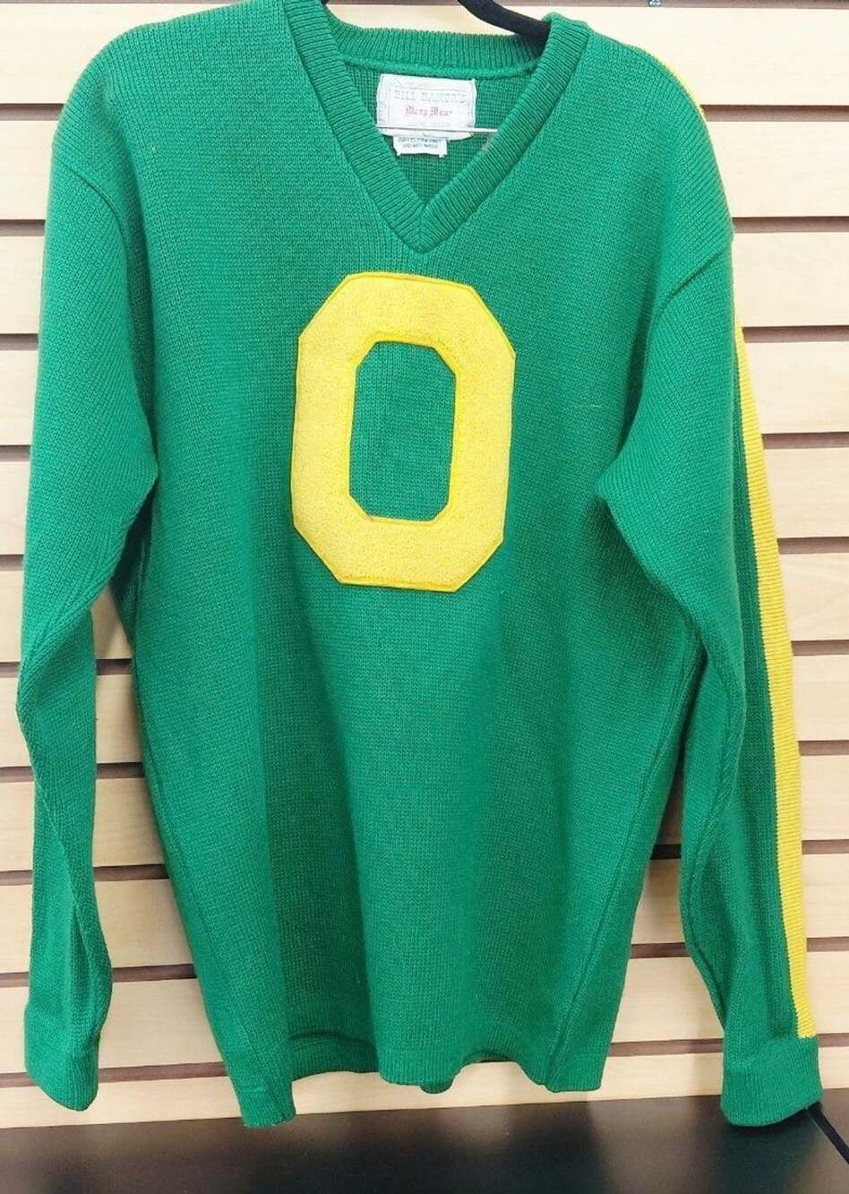 Bill Bakers Mens Wear V-Neck Letterman Sweater Green Yellow O Oregon 1960s Wool